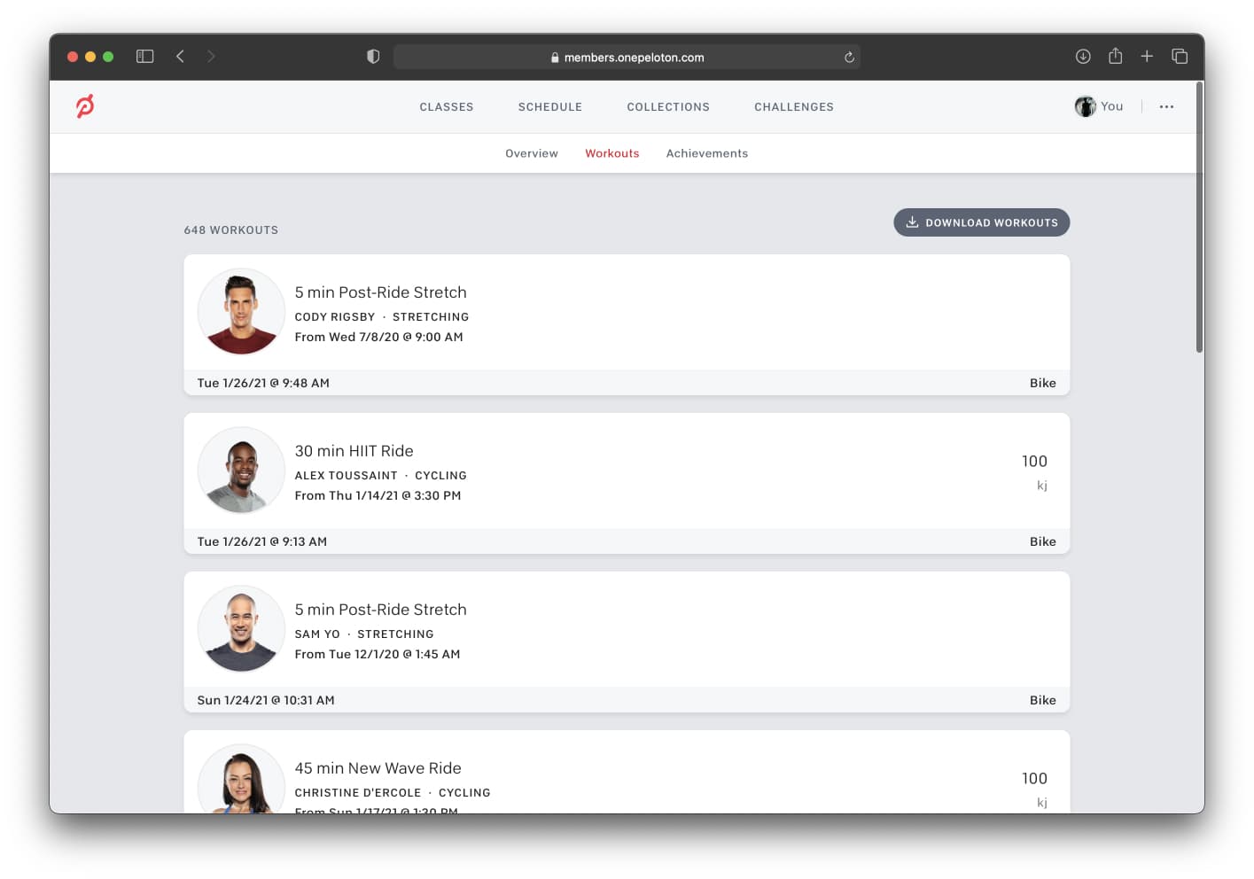Peloton member workouts page