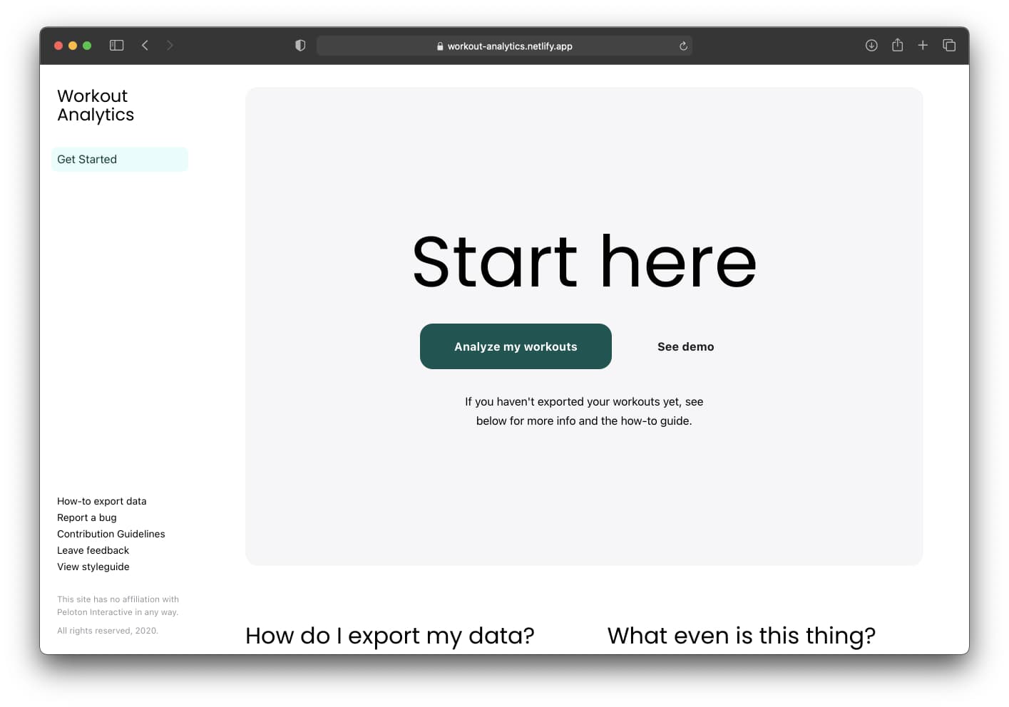 Workout Analytics landing page